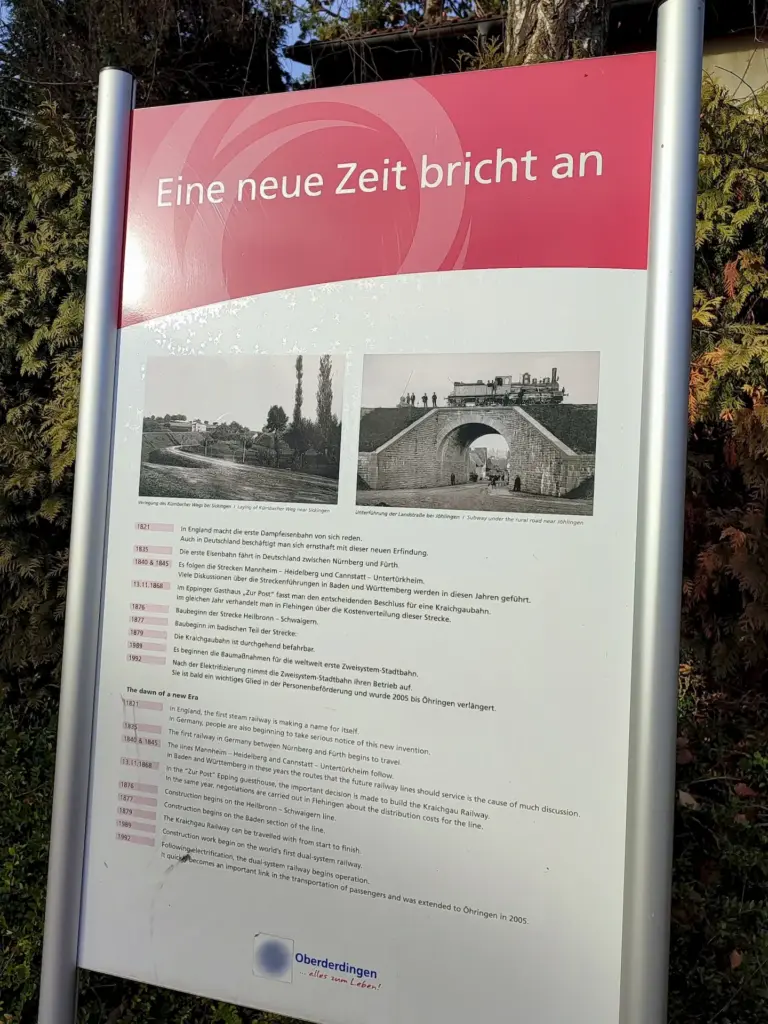 Informationsschild mit dem Titel "Eine neue Zeit bricht an". Darauf zwei alte Bilder und eine Zeitleiste zur Entstehung der Eisenbahn und der Kraichgaubahn